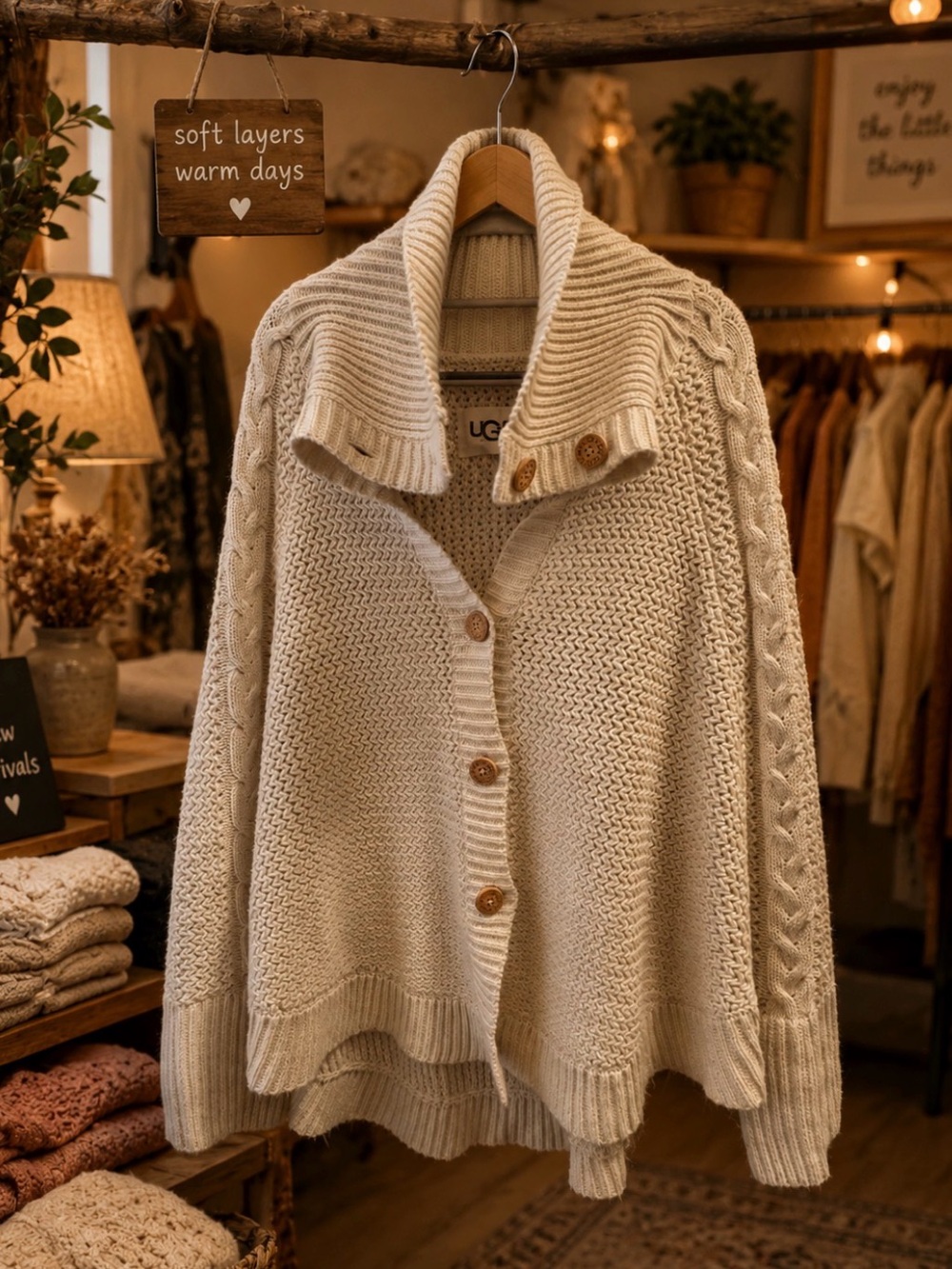 UGG Cream Cable-Knit Shawl Collar Cardigan